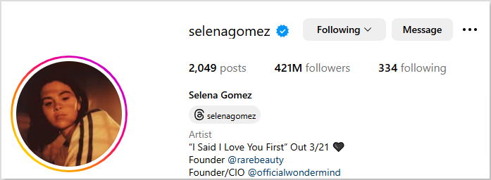 Selena Gomez Instagram bio