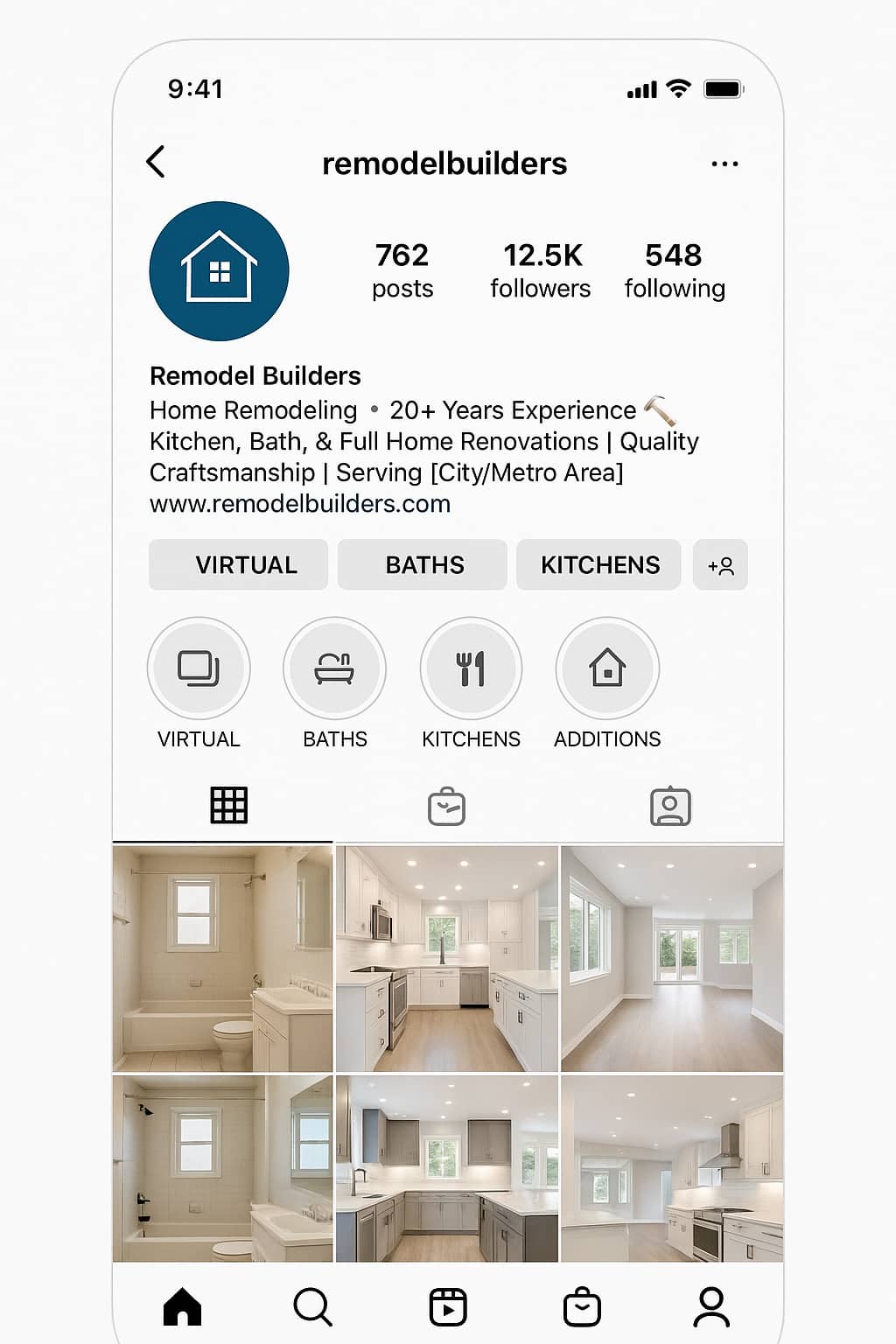Optimized Instagram business profile example for bathroom and kitchen remodeling contractor with strategic highlights and lead generation elements.