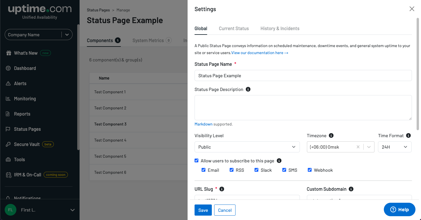 Uptime.com Status Page UI