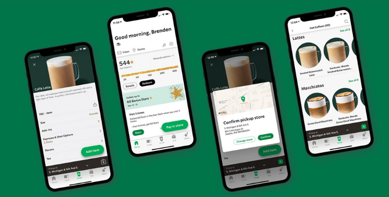 A photo showing the content Starbucks app across four different phones