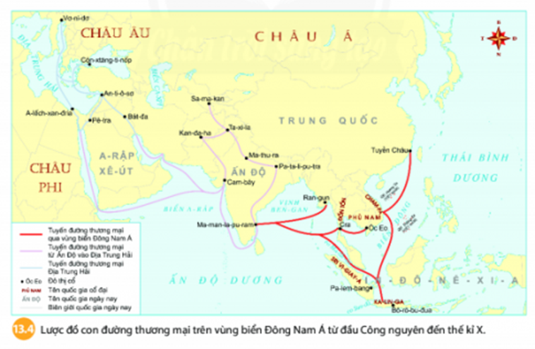 BÀI 13: GIAO LƯU THƯƠNG MẠI VÀ VĂN HÓA Ở ĐÔNG NAM ÁI. TÁC ĐỘNG CỦA QUÁ TRÌNH GIAO LƯU THƯƠNG MẠICâu hỏi: Giao lưu thương mại đã dẫn đến những thay đổi nào ở khu vực Đông Nam Á trong mười thế kỉ đầu công nguyên?Giải nhanh: Giao lưu thương mại đã dẫn đến những thay đổi  ở khu vực Đông Nam Á trong mười thế kỉ đầu công nguyên như:- Là nơi trao đổi những sản vật có giá trị như hồ tiêu, đậu khấu, ngọc trai, san hô,.... đặc biệt là trầm hương, một mặt hàng có giá trị cao.- Nhiều trung tâm buôn bán và trao đổi sản vật hàng hóa nổi tiếng- Thúc đẩy giao lưu văn hóa, tác động đến sự ra đời và phát triển của các vương quốc cổ Đông Nam Á từ đầu công nguyên đến thế kỉ XII. TÁC ĐỘNG CỦA QUÁ TRÌNH GIAO LƯU VĂN HÓACâu hỏi: - Giao lưu văn hóa đã tác động như thế nào đến văn hóa Đông Nam Á?- Đọc tư liệu 13.5 và cho biết nền văn hóa cổ đại nào ở châu Á có ảnh hưởng đến khu vực Đông Nam Á?Giải nhanh: Giao lưu văn hóa đã tác động đến văn hóa Đông Nam Á:- Văn hóa Ấn Độ đặc biệt là tôn giáo Ấn và Phật giáo hòa quyện với tín ngưỡng bản địa ảnh hưởng tới nền văn hóa của các vương quốc trong khu vực - Phù Nam, các nước vương quốc trên đảo Su-ma-tra, đảo Gia-va và vương quốc Pa-gan của người Miến chịu ảnh hưởng từ Phật giáo.- Đạo Hindu phổ biến ở Champa, Chân Lạp- Chữ Phạn trở thành văn tự chính của nhiều vương quốc, về sau các tộc người Đông Nam Á dần cải biến chữ Phạn thành chữ viết riêng như chữ Chăm cổ, chữ Khơ me cổ, chữ Mã lai cổ,...- Phật giáo chính là văn hóa cổ đại ở châu Á có tầm ảnh hưởng lớn đến khu vực Đông Nam ÁLUYỆN TẬP – VẬN DỤNGLUYỆN TẬPCâu 1: Dựa vào lược đồ 13.4, em hãy mô tả con đường giao thương chính từ Ấn Độ và từ Trung Quốc tới Đông Nam Á?Giải nhanh: - Con đường giao thương chính:+ Gắn kết với các quốc gia Châu Phi: Các tuyến đường thương mại chính đi qua A-rap-xe út và vùng biển Địa Trung hải+ Gắn kết với các quốc gia Đông Nam á: Các tuyến đường đường biển đi qua vịnh Ben-gan để tới Ran-gun- Từ Trung Quốc đến Đông Nam Á đi theo tuyến đường biển sau: Tuyền Châu => Champa=> Ka-lin-ga=> Don Ton=> Những tuyến đường biển không chỉ giúp phát triển thương mại mà nó còn thúc đẩy giao lưu văn hóa giữa các nước với nhau, tác động trực tiếp tới sự ra đời và phát triển các vương quốc Đông Nam Á. Câu 2: Nêu một ví dụ cho thấy sự sáng tạo của cư dân Đông Nam Á khi tiếp thu văn hóa Ấn ĐộGiải nhanh: Khi chữ Phạn được du nhập trở thành chữ viết chính nhiều vương quốc buổi đầu thành lập và người Đông Nam Á đã cải biên sáng tạo thành chữ viết riêng như chữ Chăm cổ, chữ Khơ-me cổ, chữ Mã lai cổVẬN DỤNG