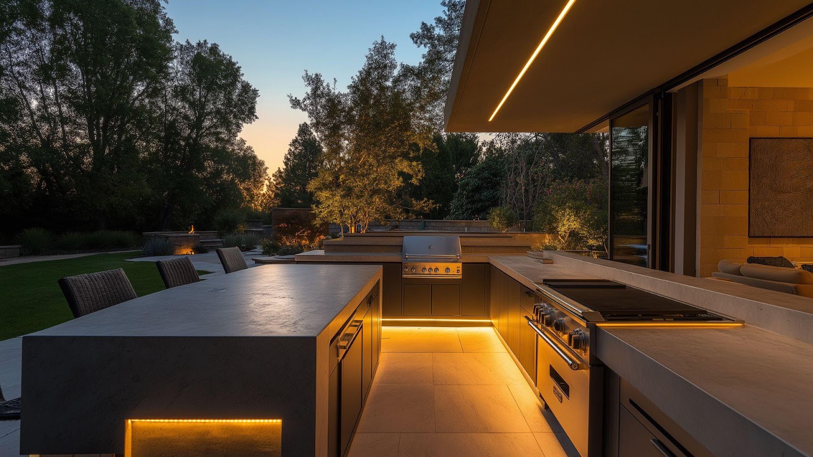 A kitchen with lights on the outside

AI-generated content may be incorrect.