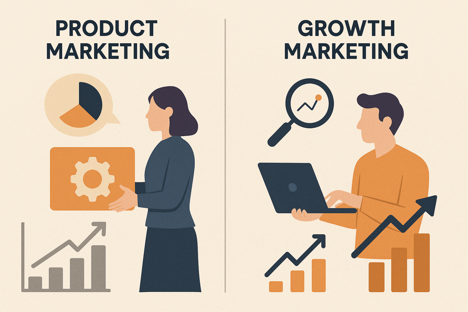  split illustration with two people, one representing product marketing (holding a gear and graph) and the other representing growth marketing (looking at a laptop with a magnifying glass and growth graph). 