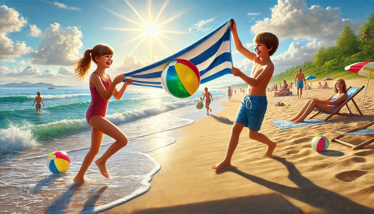 Two kids playing towel bounce on the beach
