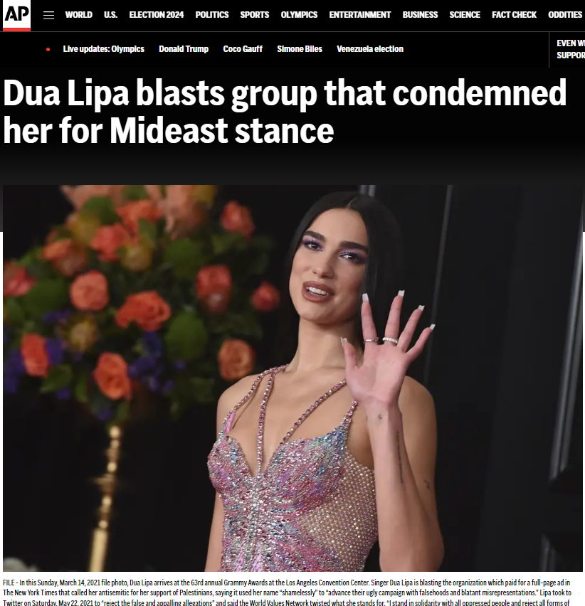 Dua Lipa condemned an organization that ran a full-page ad in The New York Times accusing her of antisemitism due to her support for Palestinians