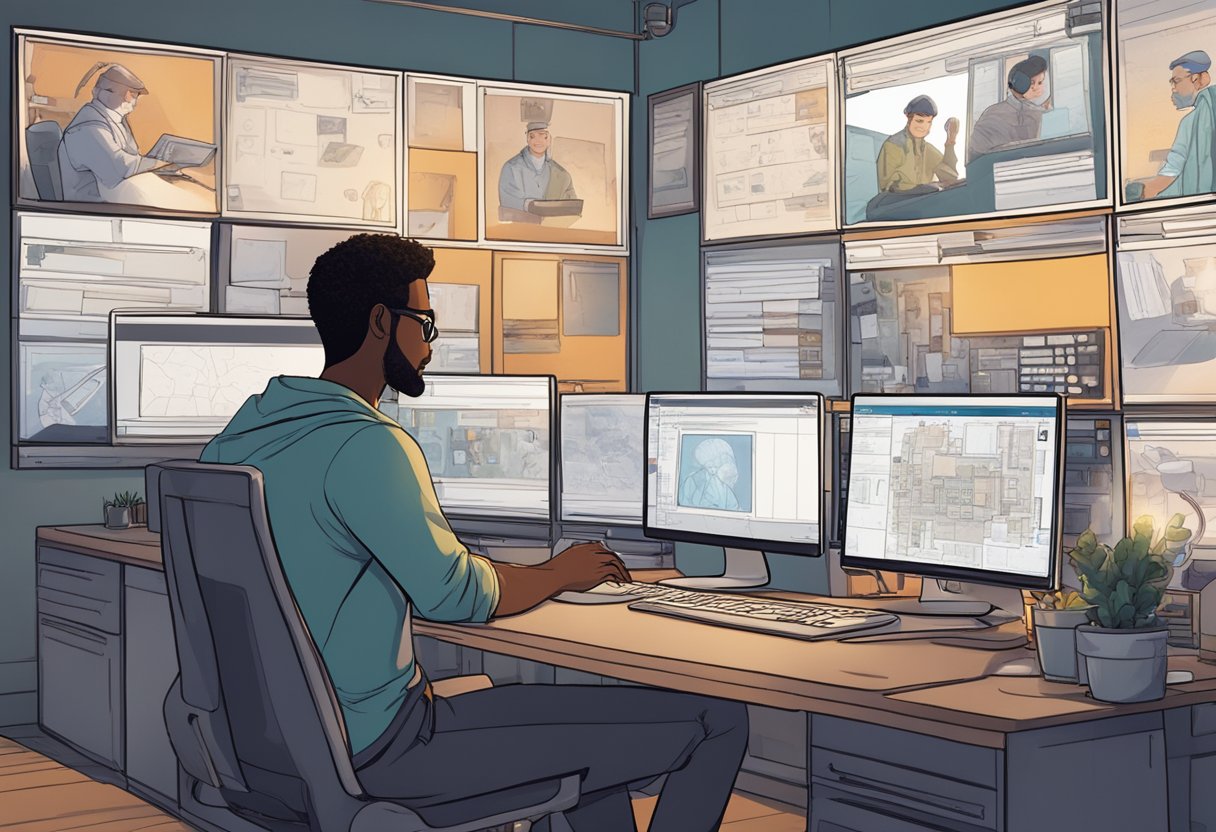 A filmmaker sits at a computer, surrounded by AI technology. Digital storyboards and character profiles are displayed on the screen, as the filmmaker uses AI to enhance their storytelling process