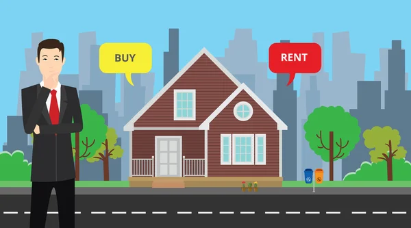 Vector graphic of a man in a suit thinking whether to rent or buy a house 