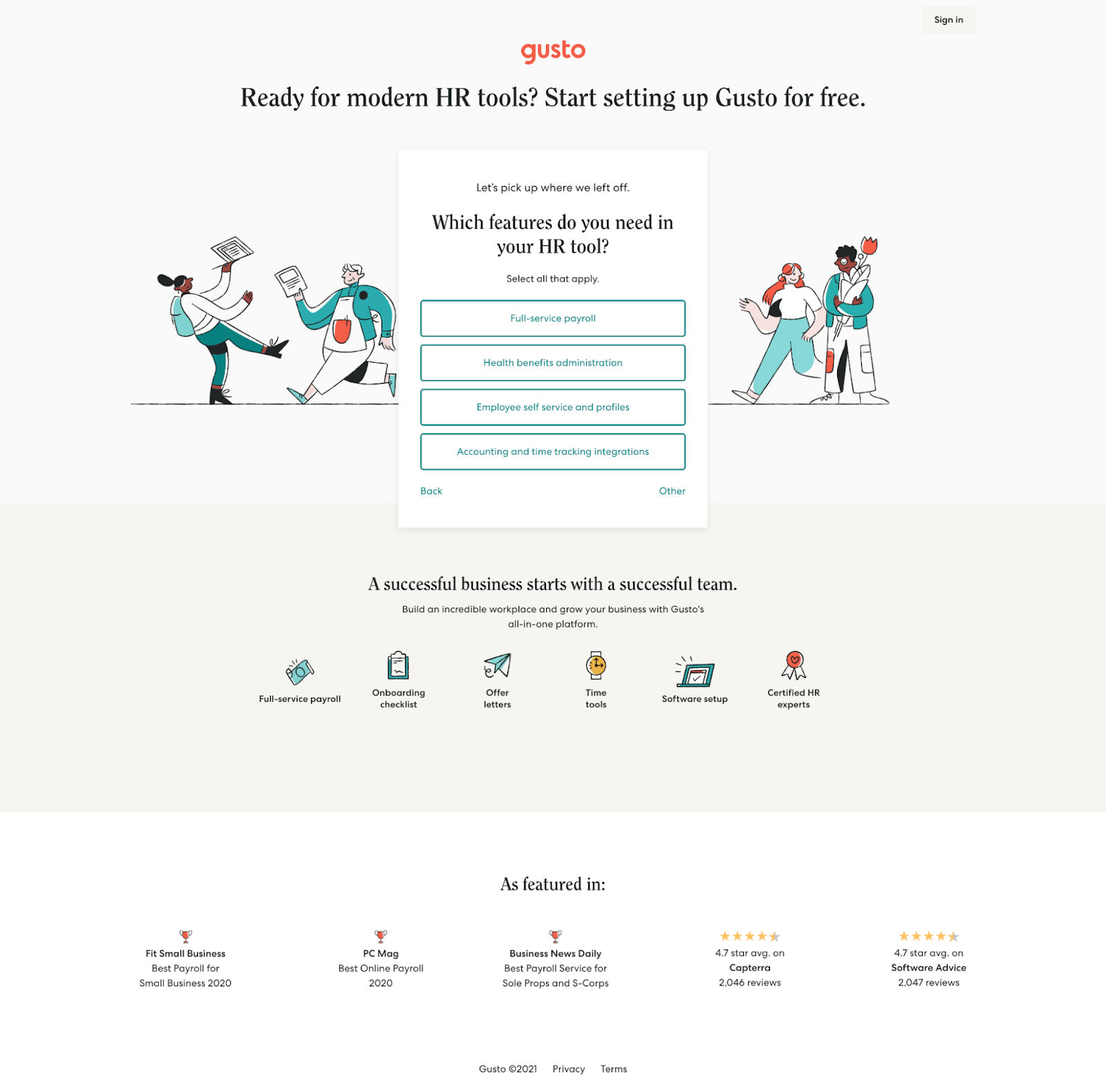 Gusto landing page