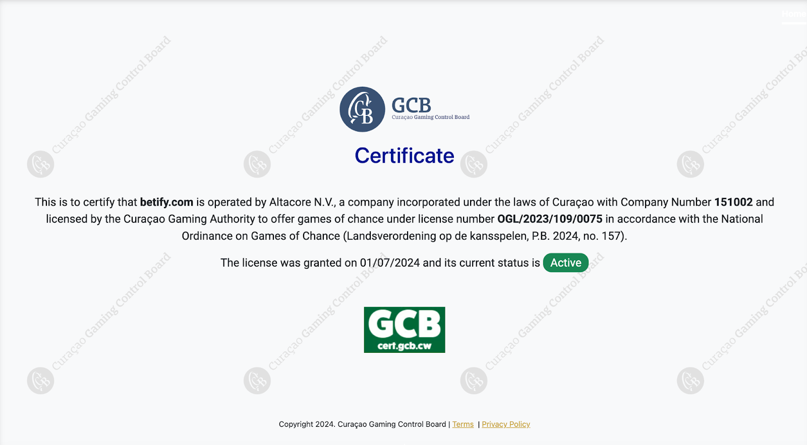 Licence de jeu Betify