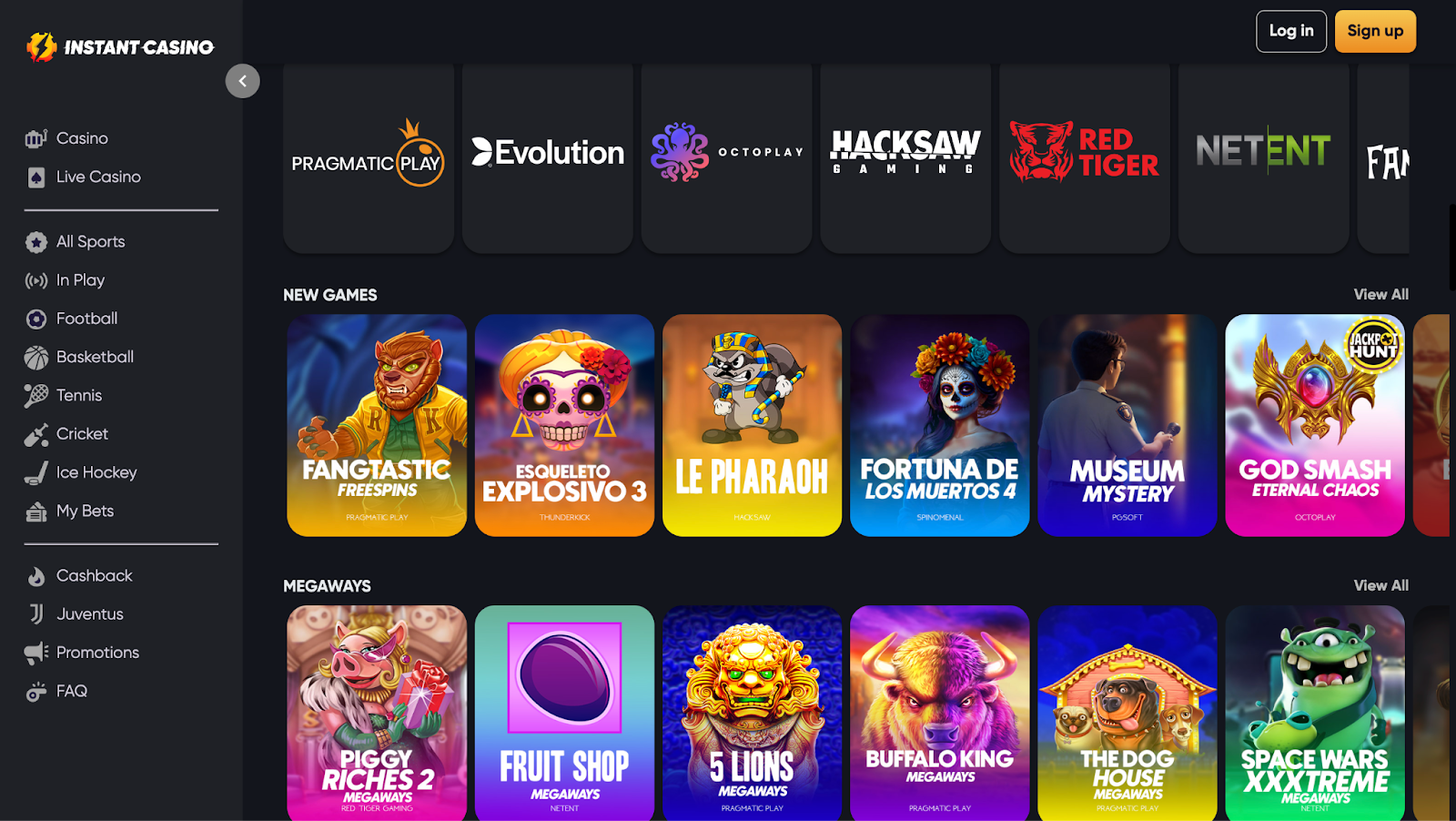 Instant Casino homepage