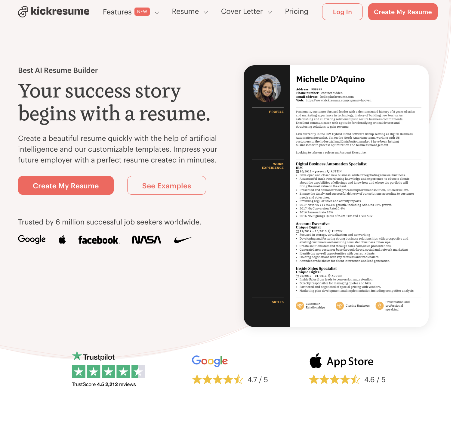 Kickresume's landing page