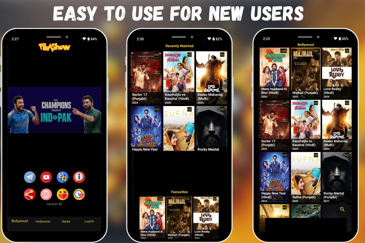 Pikashow app interface with user-friendly design, showing Bollywood, Hollywood, and live TV options.