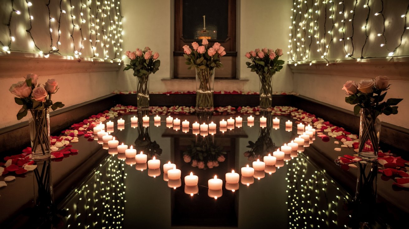 Floating candles gently flickering on water in clear glass bowls, surrounded by flower petals, creating a dreamy and magical ambiance for a romantic wedding evening.