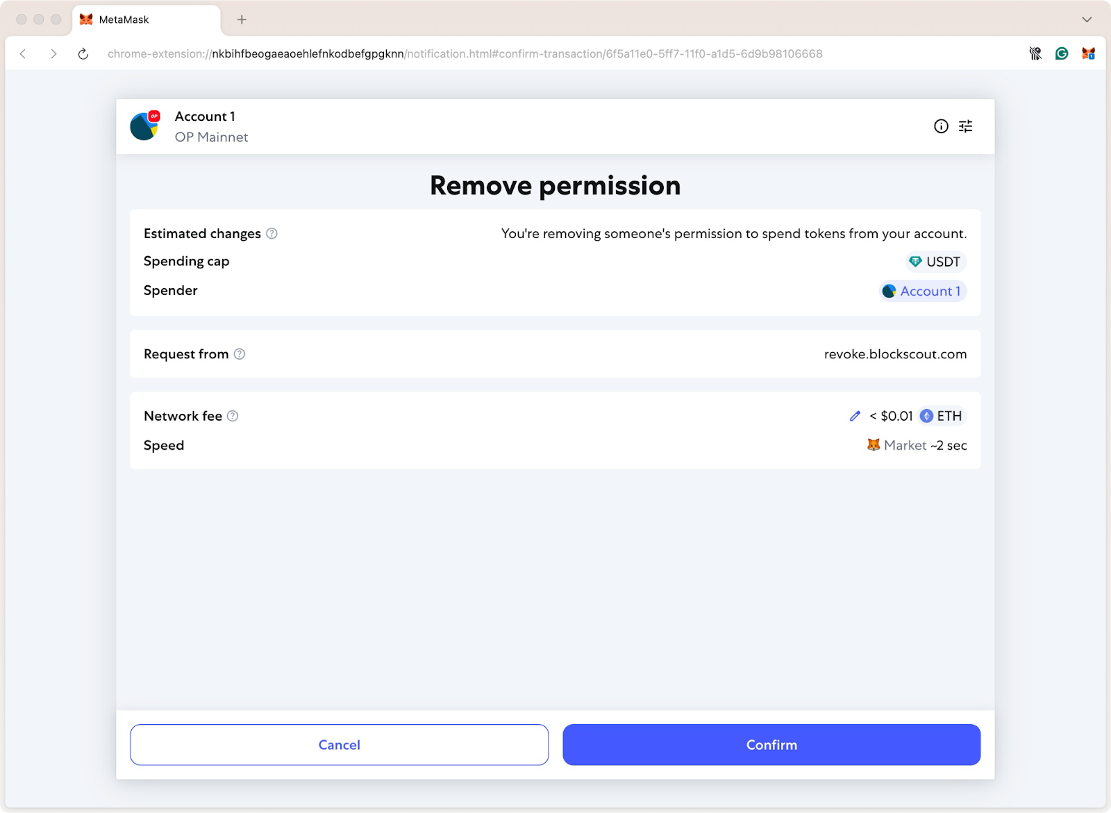 MetaMask prompt to confirm removal of USDT token spending permission via revoke.blockscout.com on OP Mainnet with low network fee.