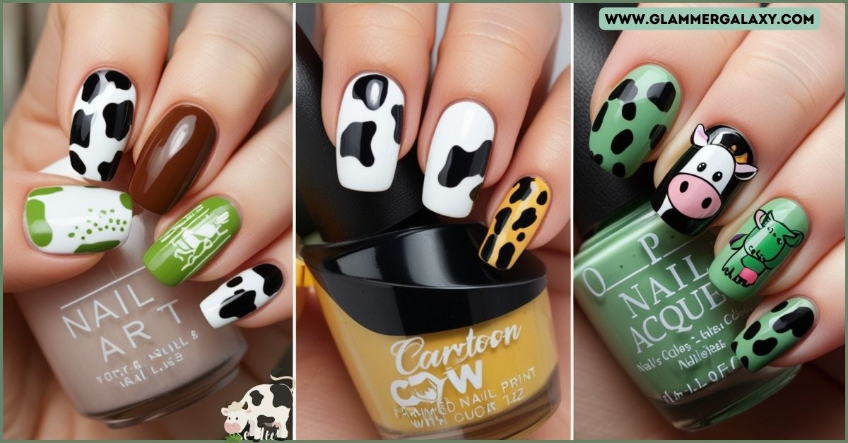 Various cow print nail art designs displayed next to nail polish bottles.