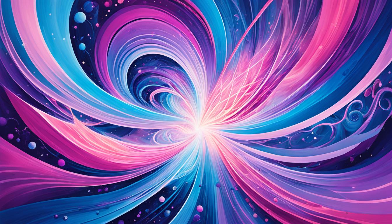 An abstract representation of the connection between quantum physics and manifestation. Incorporate elements such as swirling energy fields, vibrating particles, and the merging of intention and reality. Use a color palette of blues, purples, and pinks to convey a sense of cosmic energy and power.