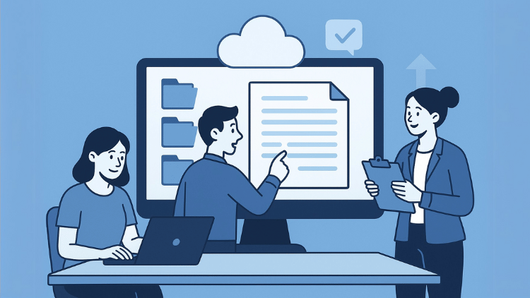 Team collaborating on centralized document storage using automated retrieval tools to reduce workflow bottlenecks and improve efficiency.