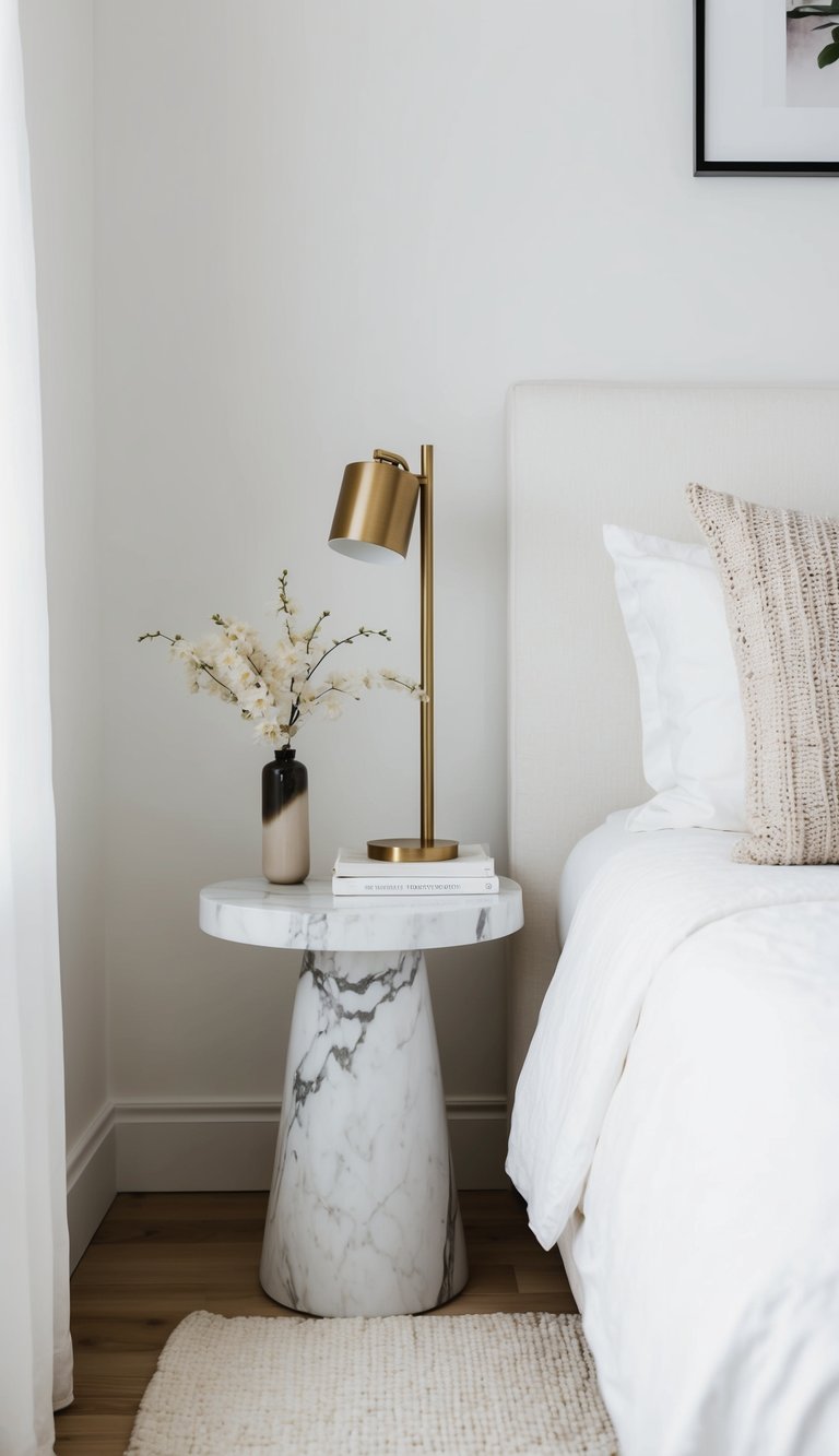 A marble white side table sits in a serene white bedroom, surrounded by minimalist decor and soft natural light