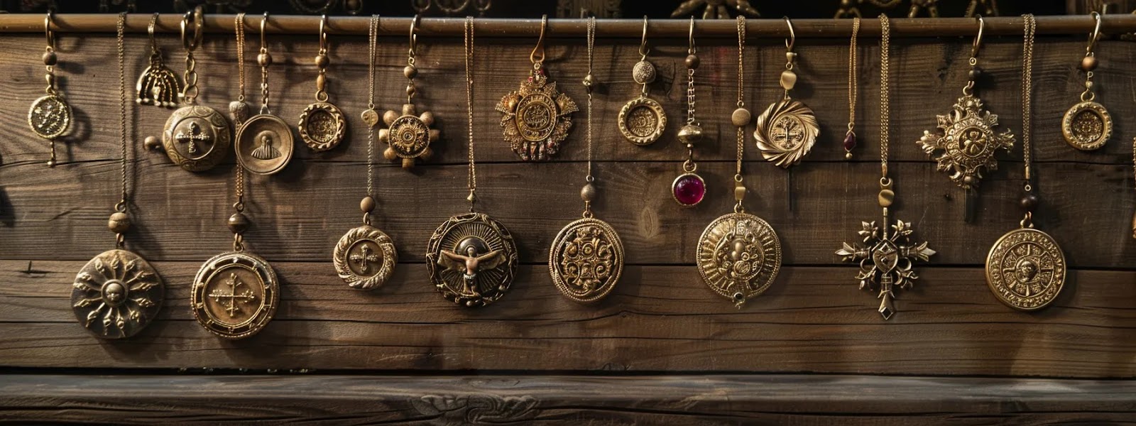 a beautifully arranged display of diverse religious pendants, featuring intricate filigree designs and symbolic motifs, set against a polished wooden backdrop in a serene, delicately lit jewelry studio, inviting personal exploration of faith and identity.