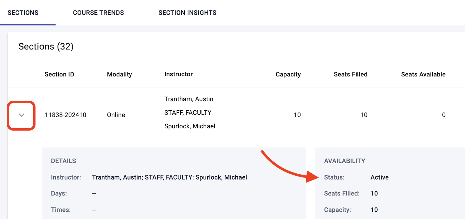 Expand the section details to see the Status field