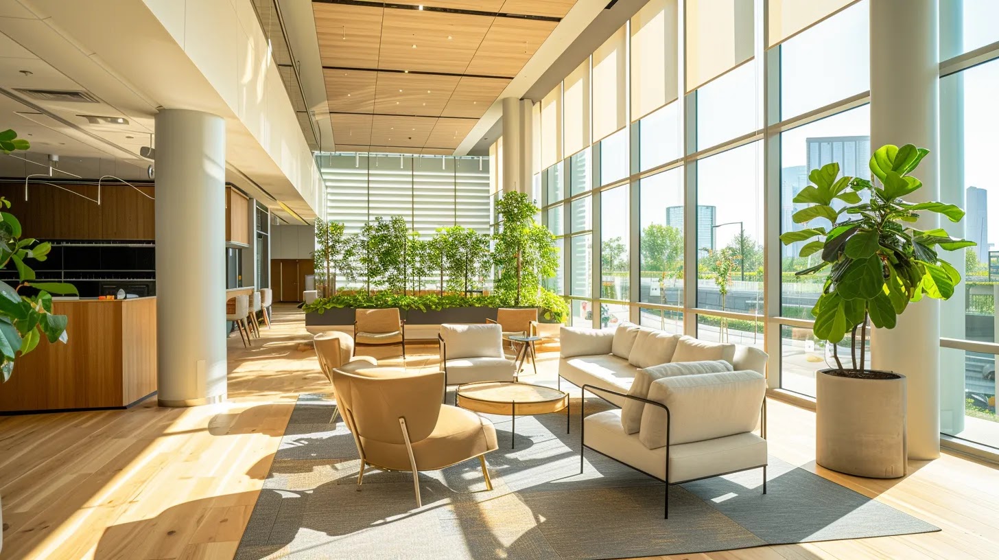 a modern, sunlit office space features open windows framing a clear view, strategically placed mirrors reflecting natural light, and light-colored decor that enhances the airy atmosphere, embodying a fresh, revitalized ambiance.