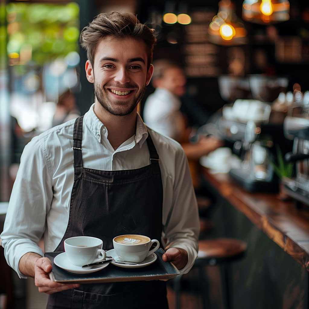 A smiling young waiter holding a tray | Source: Midjourney