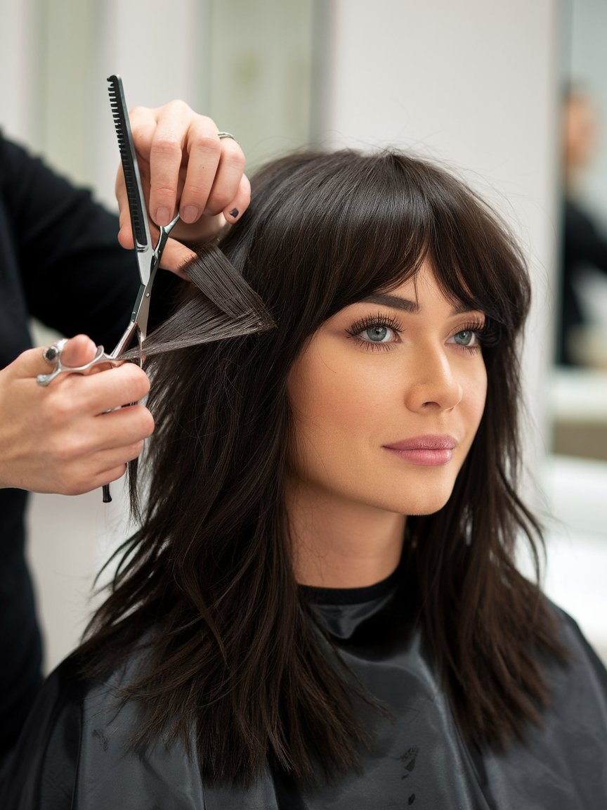 35. Youthful Angled Bangs with Layers