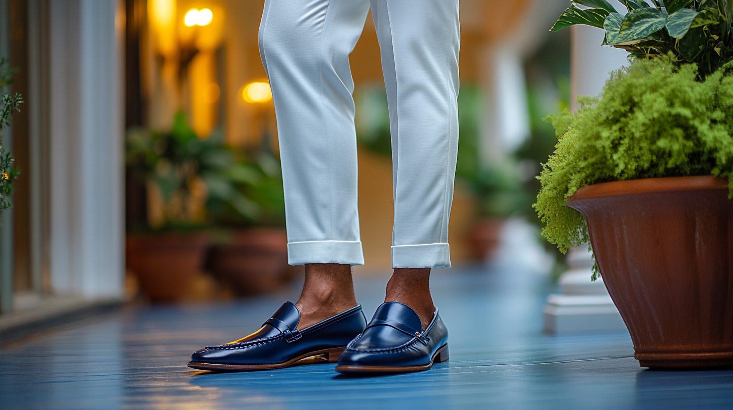 A man in a white suit paired with navy blue or midnight blue shoes, creating a bold yet elegant contrast. The deep blue shoes add a refined pop of color to the crisp white suit without overpowering the overall look. This sophisticated combination is perfect for formal gatherings, evening events, or weddings, where a touch of color can elevate the classic white suit. The groom or guest stands confidently in a refined setting, with the navy blue shoes providing a modern yet tasteful twist on formal elegance.