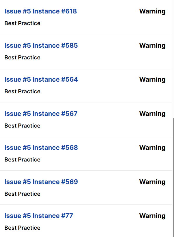 The screenshot displays a list of Best Practice reported issues.