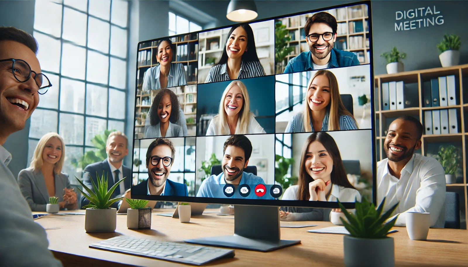 Eine fröhlich aussehende Gruppe von Personen in einem Online-Meeting