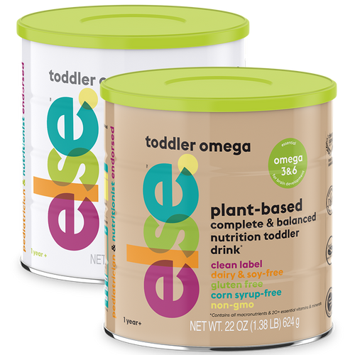 Toddler omega plant-based baby food in a jar, with a bright label and a spoon next to it for serving.