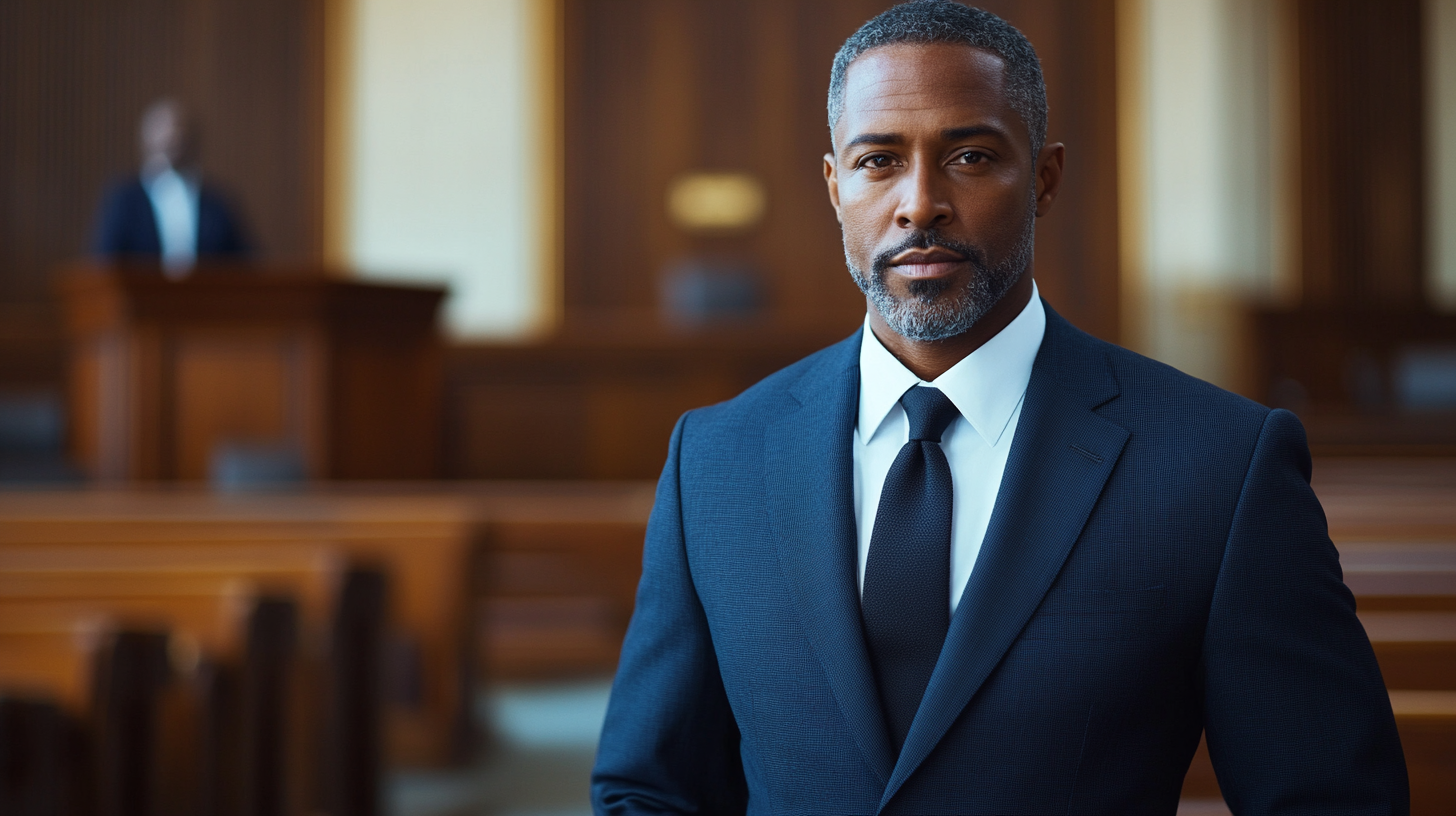 
A distinguished man in a perfectly tailored navy blue suit, standing confidently in a courtroom. He wears a crisp white dress shirt and a dark, professional tie. His expression is serious and composed, exuding trust and authority. The courtroom is detailed, featuring polished wooden benches, a judge’s podium, and warm, balanced lighting. His posture is upright, with a strong, respectful presence. Ultra-realistic, cinematic lighting, 4K resolution