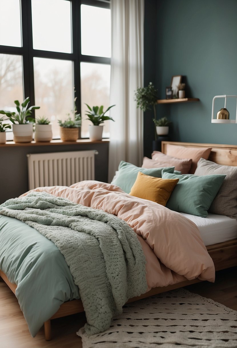 A cozy bedroom with soft pastel walls, accented with pops of vibrant colors in the bedding and decor. A mix of warm and cool tones creates a soothing and inviting atmosphere