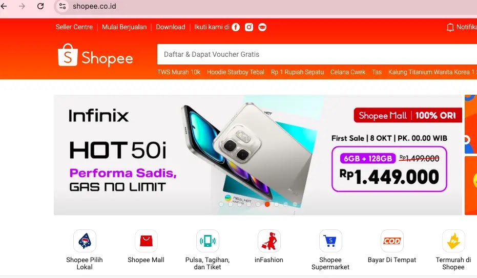 Pada halaman utama Shopee, cari dan klik tombol "Mulai Berjualan" yang terletak di pojok kiri atas layar.