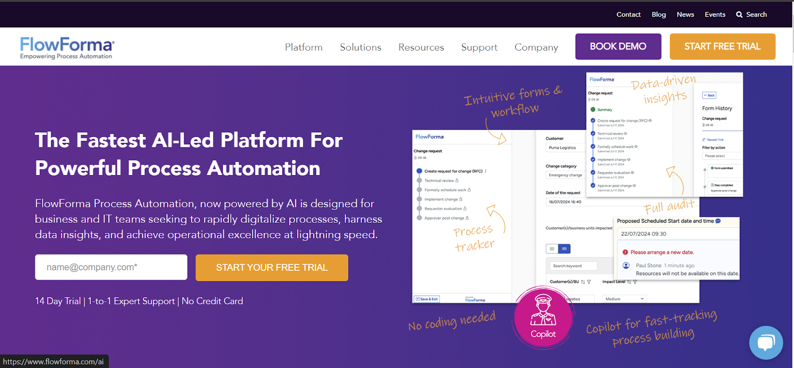 FlowForma’s home page listing out its key capabilities