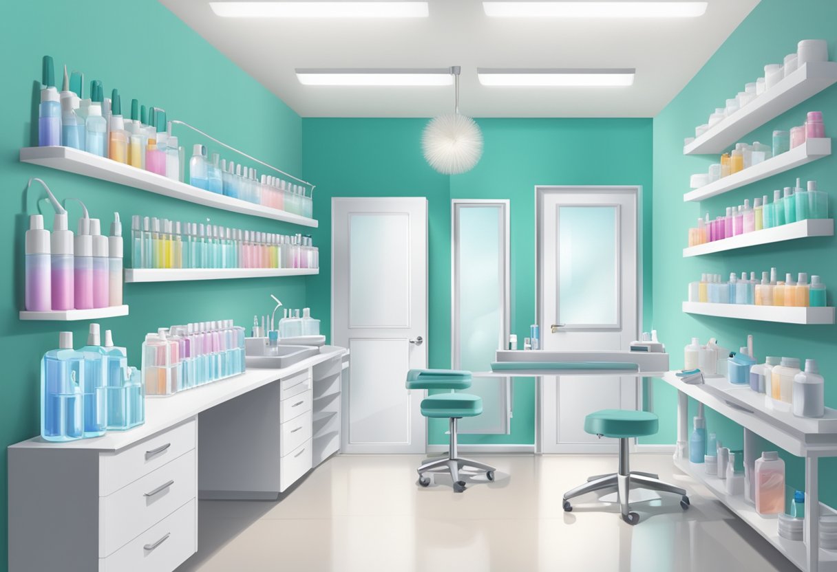 A clean and organized lash studio with sterilized tools and equipment, disinfectant sprays, and hand sanitizer readily available for clients