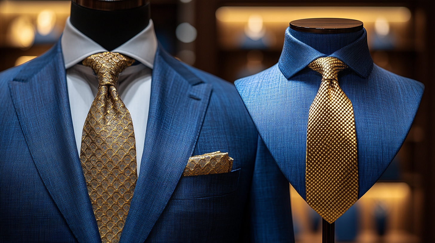 On the left side a mannequin, dressed in a royal blue suit with a gold tie. On the right side, a mannequin bust displaying only the gold tie. The background is minimalistic and elegant, with soft lighting emphasizing the fabric details and luxurious appeal.