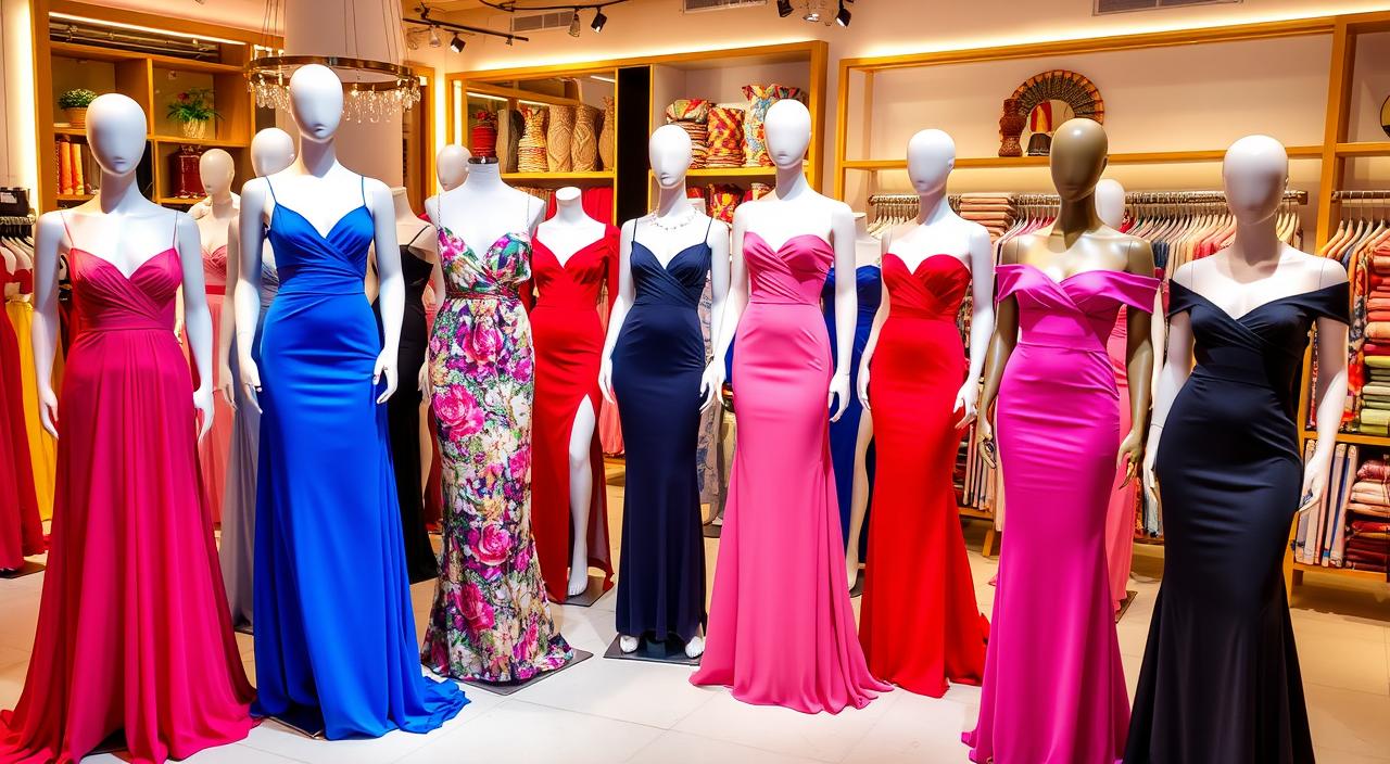 Vibrant collection of fashionable dresses showcased on elegant mannequins, featuring diverse styles like maxi, bodycon, and off-shoulder, set in a chic boutique with stylish decor, bright lighting, and colorful fabric swatches in the background.