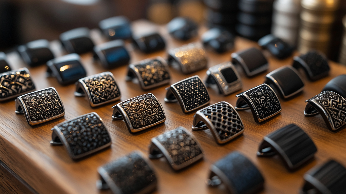 A collection of wedding cufflinks neatly organized on a wooden surface, arranged to display their individual design. Included are simple silver cufflinks, dark metal cufflinks with intricate designs, black minimalistic cufflinks, and modern geometric cufflinks. Each set is carefully laid out, showcasing their elegance and sophistication for formal wedding attire.