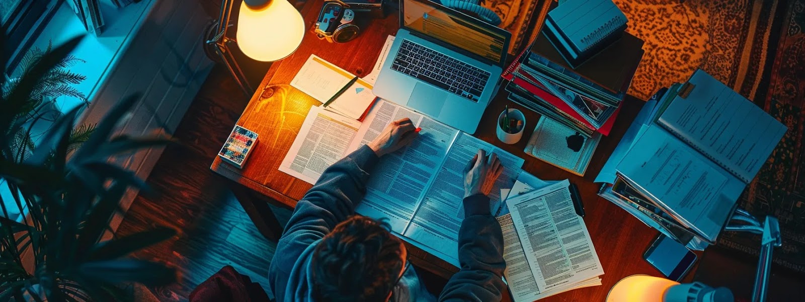 a person sitting at a desk surrounded by papers, a laptop, and a car insurance policy, diligently gathering essential information for accurate calculations.