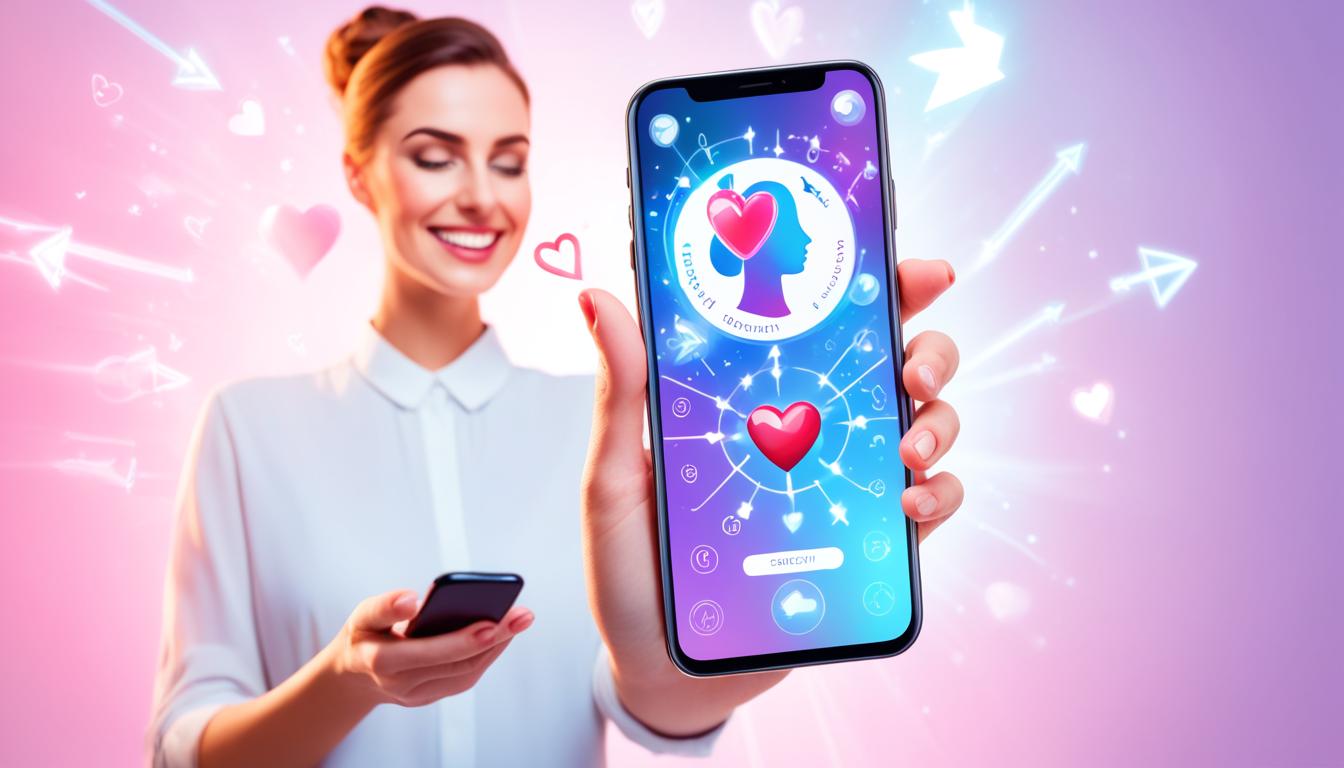 A woman holding a phone with a heart drawn on the screen. The phone is surrounded by sparkles and there are arrows pointing towards it, symbolizing attraction and manifestation. The woman has a peaceful expression on her face, indicating that she trusts the process of manifesting him to text her. In the background, there is a silhouette of a man, representing the person she wants to text her, but he is blurred out as he has not yet manifested into her reality.