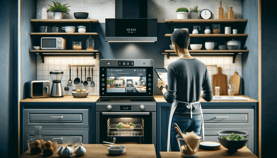 A modern kitchen equipped with smart appliances and gadgets, with a person using a tablet to follow a virtual cooking class.