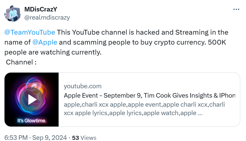 X user reporting fake Apple Youtube video