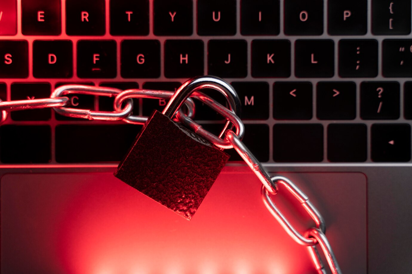  Close up laptop with lock and chain.