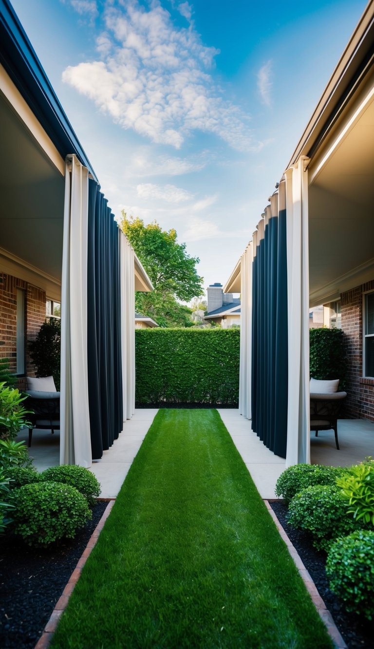 A backyard with tall outdoor curtains separating two houses, surrounded by lush privacy landscaping