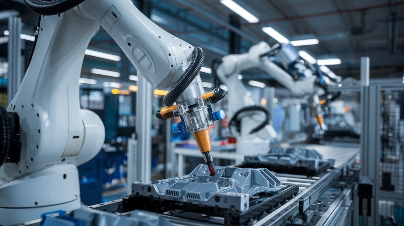 Industrial robots assembling products on a factory floor.