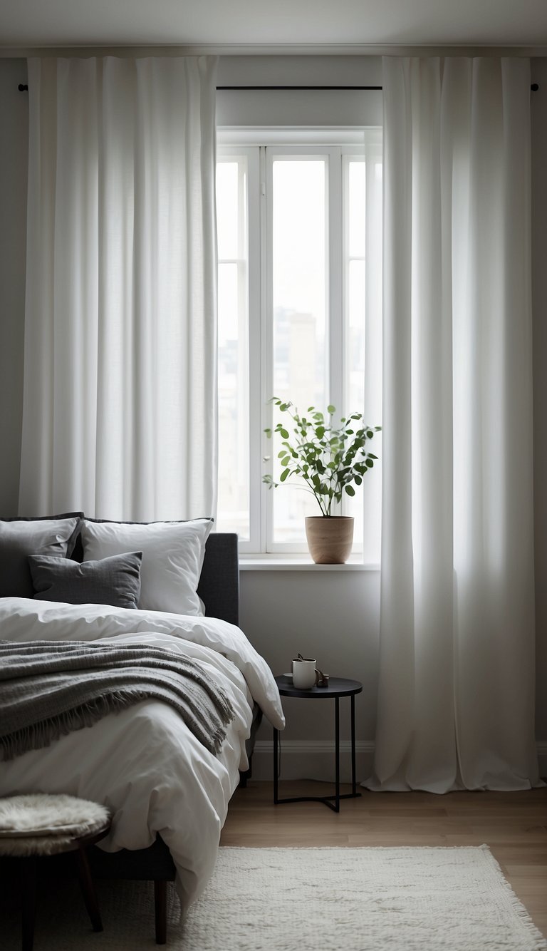 White curtains hang in a neutral bedroom, with blackout lining. The room is calm and serene, with a minimalist and modern aesthetic