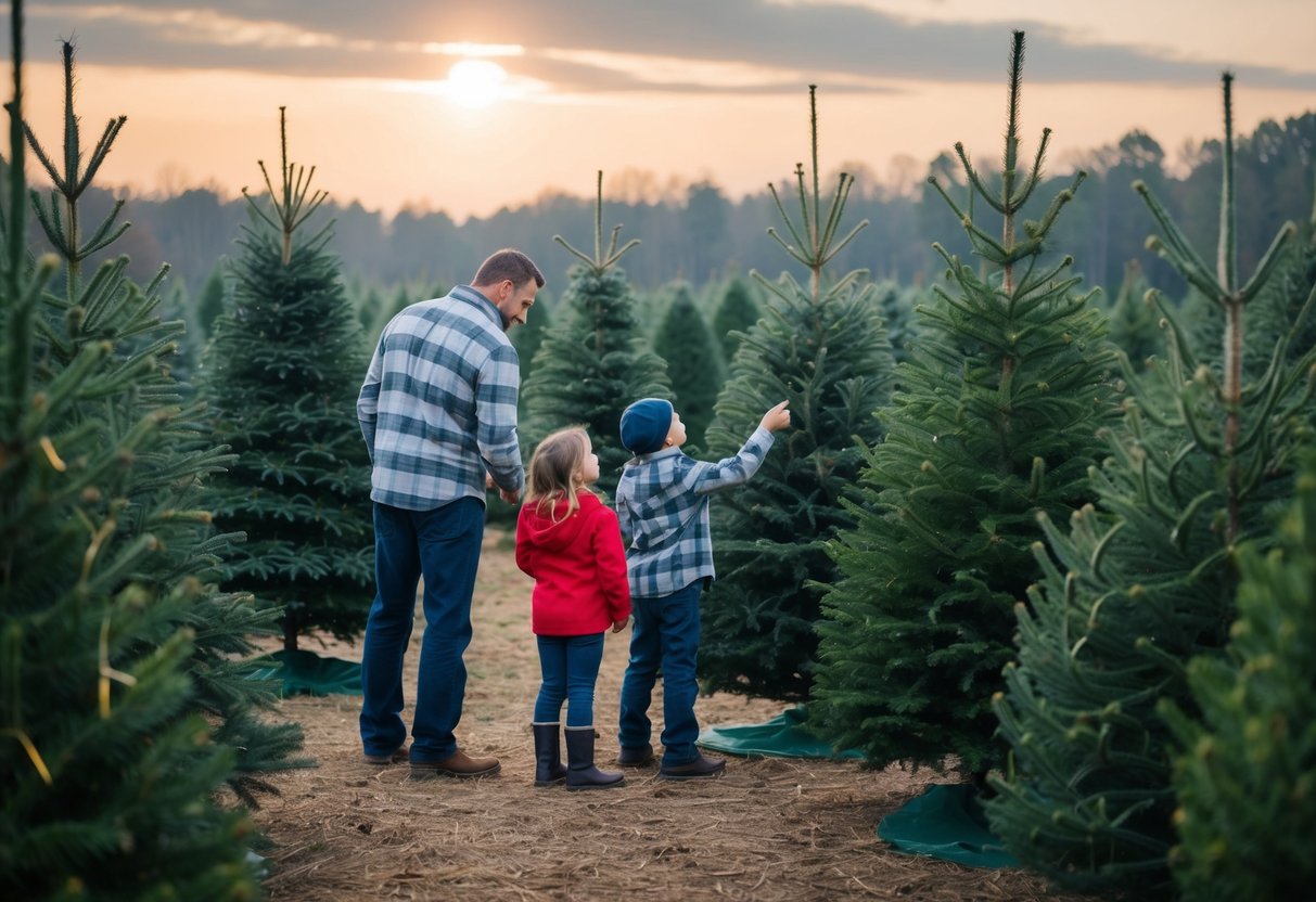 A family inspecting various Christmas trees at a tree farm, examining the branches, needles, and overall shape of each tree