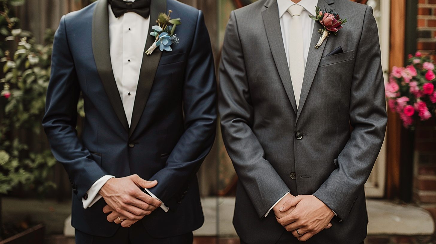 Side-by-side comparison of two grooms: one in a classic black tuxedo with satin lapels and bow tie, the other in a modern tailored suit in navy or gray with a tie. Elegant wedding setting in the background showing indoor evening venue vs. daytime outdoor ceremony. Clean, stylish contrast highlighting the difference in formality and mood.