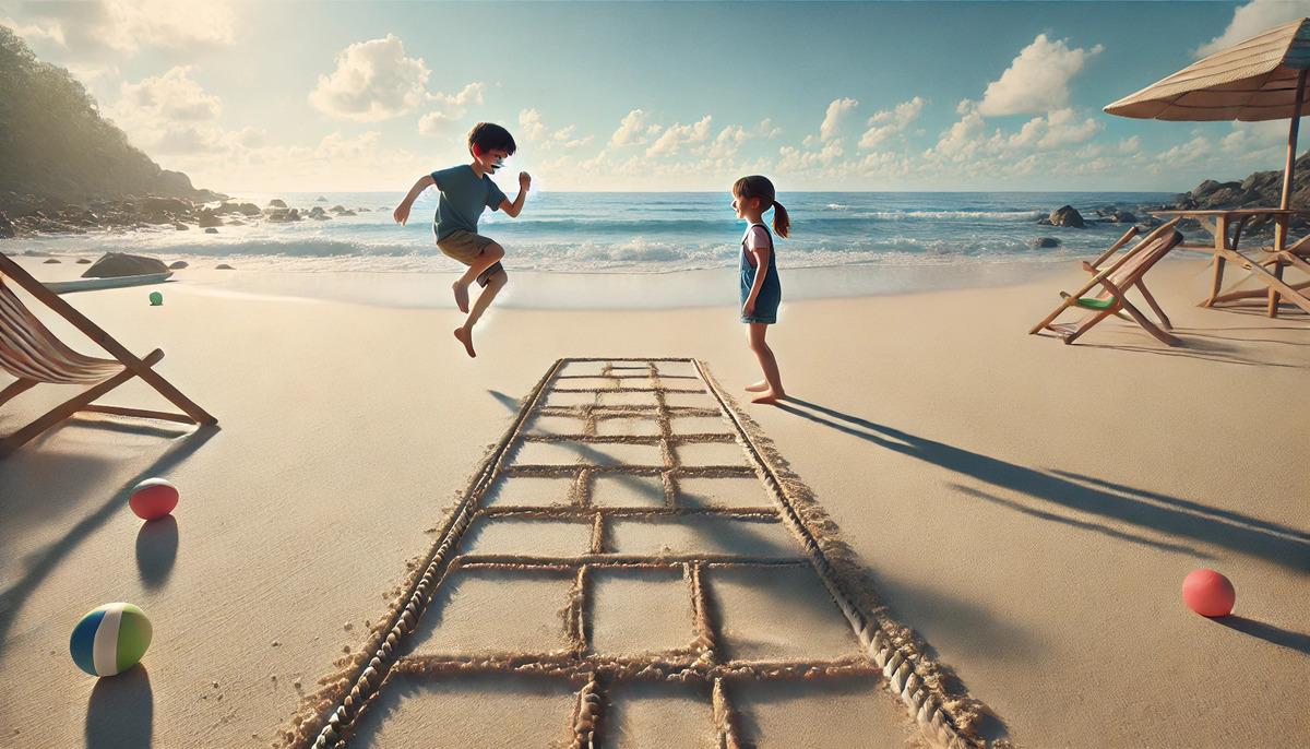 Two kids playing in the beach sand
